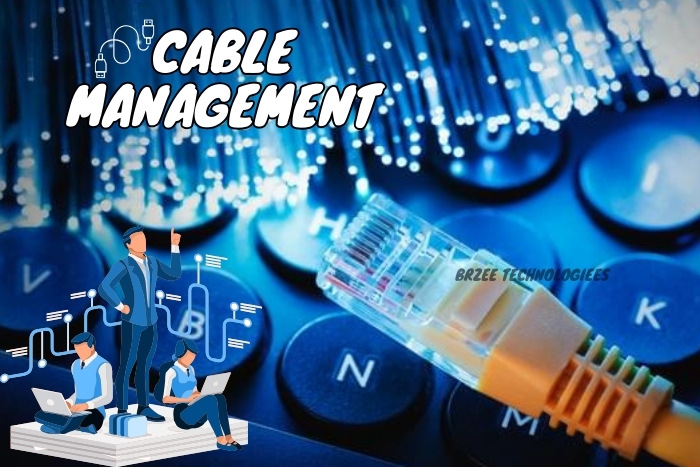 Cable Management solutions highlighted by BrZee Technologiees in Gandhipuram, Coimbatore, featuring a clear network cable forefront on a backdrop of glowing fiber optics, with illustrations of professionals organizing cables for efficient tech workspace setups