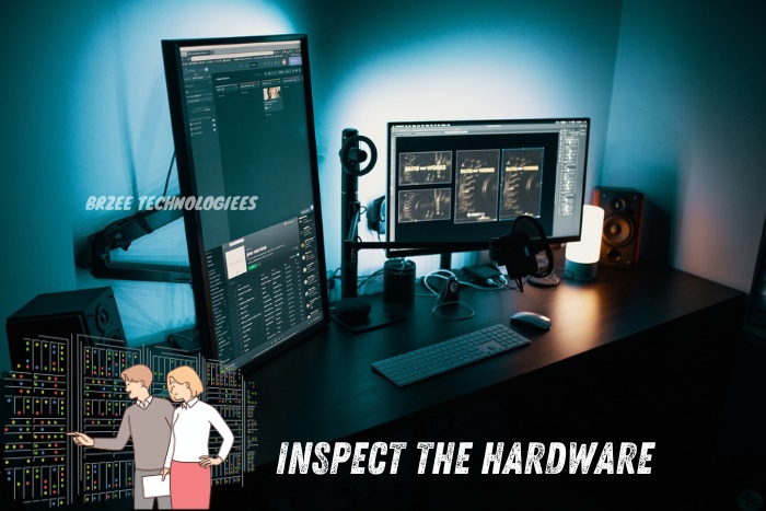 Expert hardware inspection by BrZee Technologiees in Gandhipuram, Coimbatore, showcasing a professional workspace with dual monitors, specialized computer equipment, and diagnostic tools to ensure optimal performance and reliability for our customers' tech investments