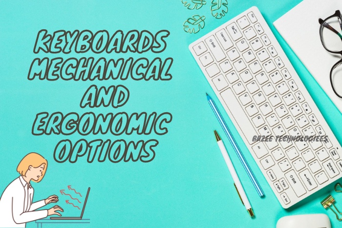 Explore mechanical and ergonomic keyboard options with BrZee Technologiees, your local computer accessory expert in Gandhipuram, Coimbatore, featuring a sleek white keyboard, glasses