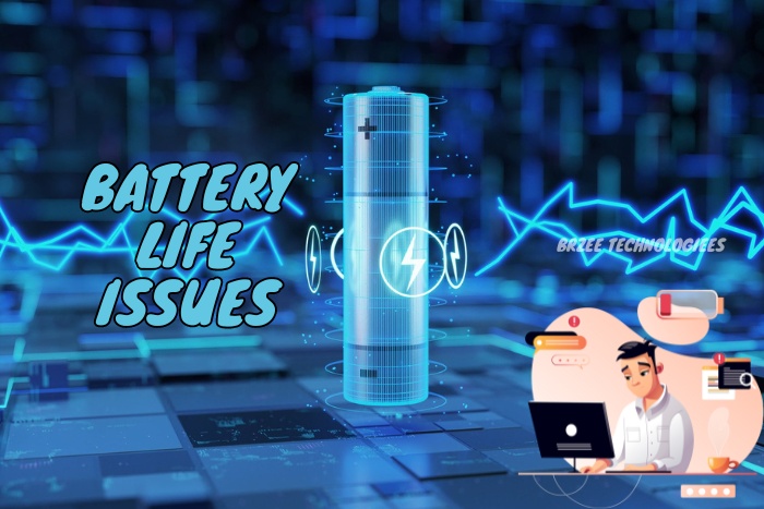 Solving battery life issues with advanced power solutions at BrZee Technologiees in Gandhipuram, Coimbatore, featuring a holographic battery icon with a pulsating power signal, alongside illustrations of a technician servicing a laptop, emphasizing expert battery replacement services