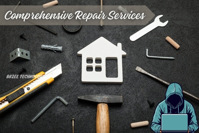 BrZee Technologiees offers comprehensive repair services in Gandhipuram, Coimbatore, illustrated by a technician working on a laptop surrounded by various tools, symbolizing the expert and detailed repair work available for your home and office tech needs