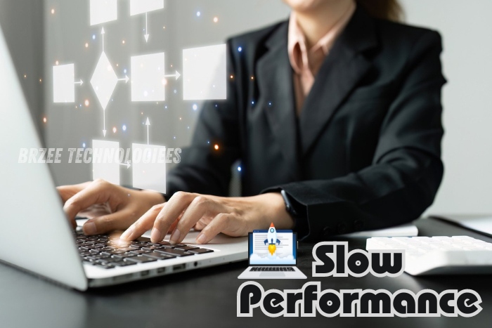 Professional at BrZee Technologiees in Gandhipuram, Coimbatore, addressing slow computer performance, depicted by a businesswoman using a laptop with virtual speed enhancement graphics, highlighting our expertise in boosting device speed and efficiency