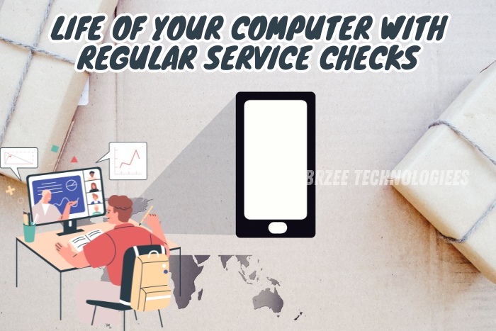 Visual representation of extending the life of your computer with regular service checks at BrZee Technologiees, Gandhipuram, Coimbatore, featuring an illustrated scene of a technician working on a computer beside a highlighted smartphone