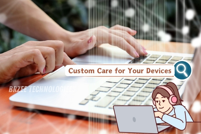 Personalized customer support at BrZee Technologiees in Gandhipuram, Coimbatore, highlighted by an image of a customer service representative assisting a client over the laptop, emphasizing our dedication to providing custom care for your tech devices