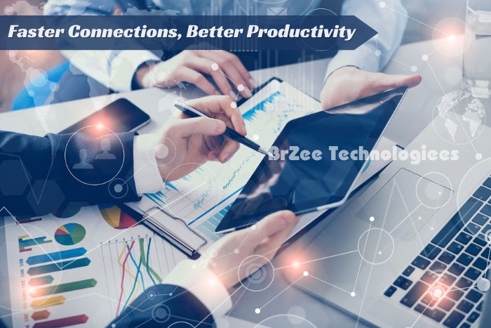 Boost your productivity with faster connections from BrZee Technologiees in Gandhipuram, Coimbatore, featuring a team collaborating with digital devices, emphasizing our solutions for enhanced connectivity and efficiency