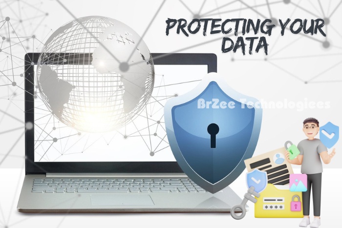 Protecting your data aAt BrZee Technologiees in Gandhipuram, Coimbatore, depicted by a laptop with a digital shield and secure data icons, highlighting our commitment to ensuring the security and privacy of your digital information.