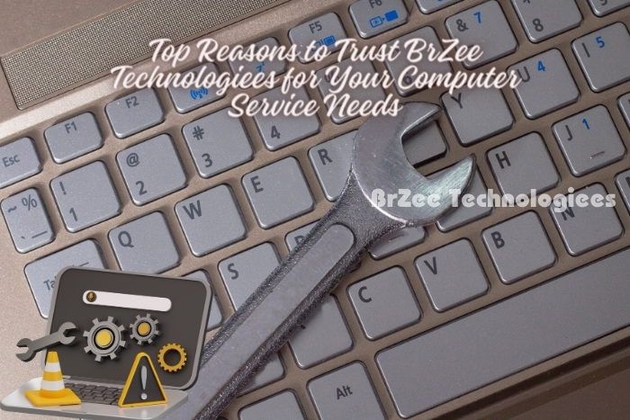 Top reasons to trust BrZee Technologiees for your computer service needs in Gandhipuram, Coimbatore, featuring a close-up of a laptop keyboard with a wrench, symbolizing our expertise and reliability in providing high-quality computer repair and maintenance services