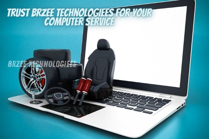 Creative display featuring car parts on a laptop screen symbolizes the comprehensive and specialized computer service offerings at BrZee Technologiees in Gandhipuram, Coimbatore, highlighting our expertise in ensuring your technology is always running smoothly