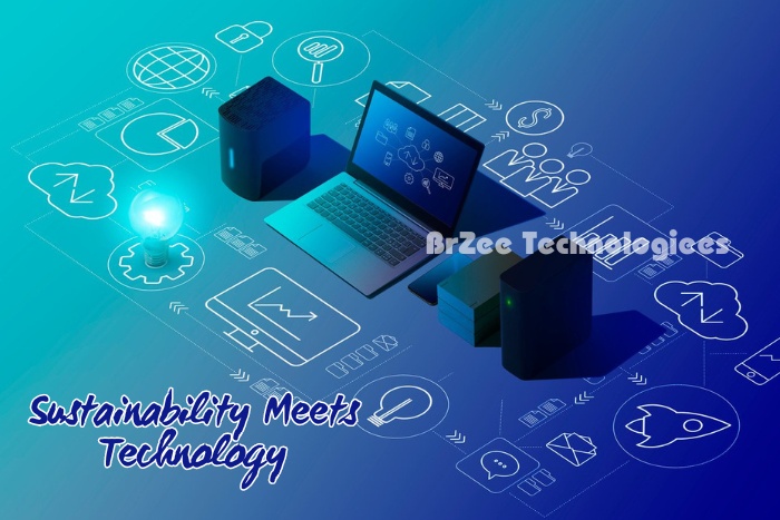 Sustainability meets technology at BrZee Technologiees in Gandhipuram, Coimbatore, illustrated by a laptop and servers surrounded by eco-friendly icons, highlighting our commitment to providing sustainable tech solutions