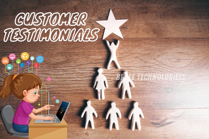 Customer testimonials for BrZee Technologiees, Gandhipuram, Coimbatore, depicted through an imaginative visual of a young girl using a laptop, with wooden figures and a star, symbolizing happy clients and our top-rated customer service