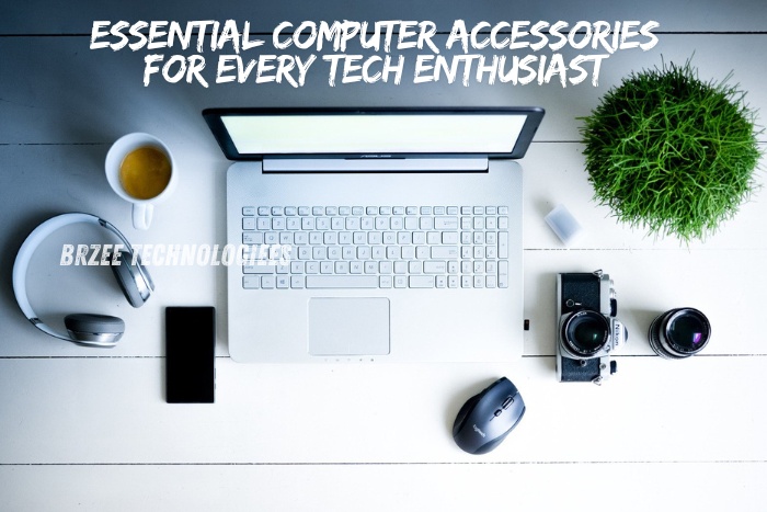 Discover essential computer accessories for every tech enthusiast at BrZee Technologiees in Gandhipuram, Coimbatore, featuring a stylish and functional setup including a laptop, mouse, headphones, smartphone, and camera for an enhanced tech experience.