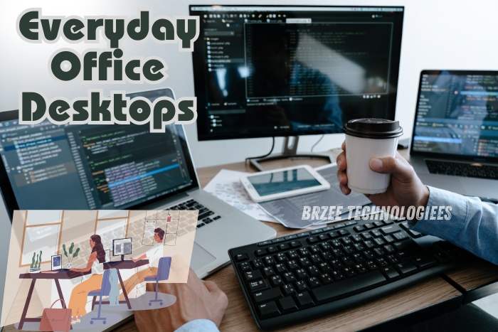 Everyday office desktops setup featuring multiple monitors and a keyboard, representing BrZee Technologiees in Gandhipuram, Coimbatore. Highlighting reliable and efficient desktop solutions for local businesses