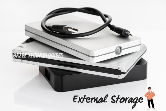 High-quality external storage solutions available at BrZee Technologiees in Gandhipuram, Coimbatore, featuring a stack of portable hard drives and SSDs for reliable and efficient data backup and expansion