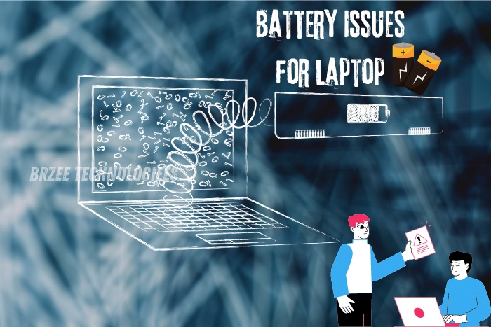 Illustration highlighting battery issues for laptops, featuring a drawn laptop and battery icons, with BrZee Technologiees logo in the background. Ideal for tech enthusiasts in Gandhipuram, Coimbatore seeking expert solutions for laptop battery problems