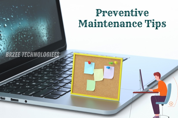 Illustration of preventive maintenance tips for laptops by BrZee Technologiees, a trusted tech service provider in Gandhipuram, Coimbatore. Featuring a laptop with a bulletin board showcasing maintenance reminders to ensure optimal performance and longevity.