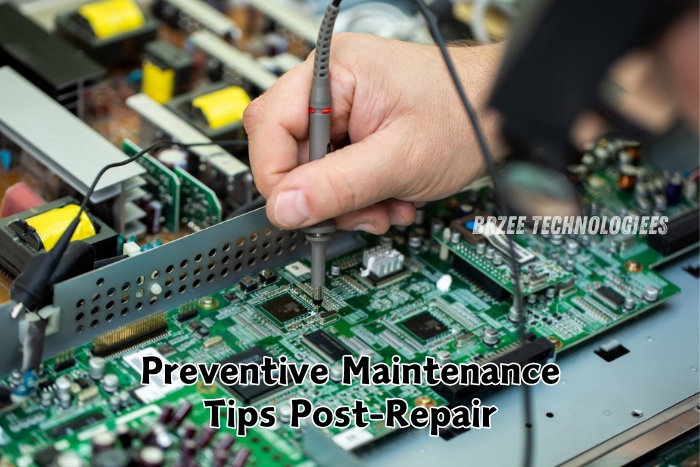 Technician at BrZee Technologiees in Gandhipuram, Coimbatore, performing preventive maintenance on a computer motherboard, offering valuable post-repair tips to ensure optimal device performance and longevity