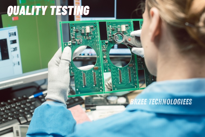 Technician at BrZee Technologiees in Coimbatore conducting quality testing on green circuit boards to ensure optimal performance and reliability.