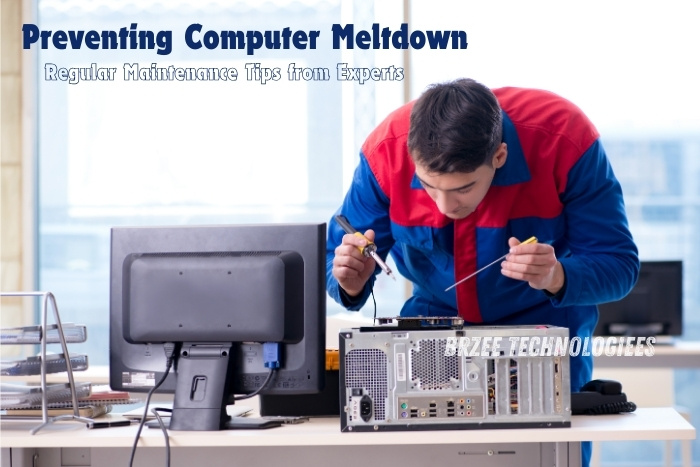 Technician performing computer maintenance at BrZee Technologiees in Gandhipuram, Coimbatore. Featuring expert tips on preventing computer meltdown through regular maintenance for local businesses and tech users