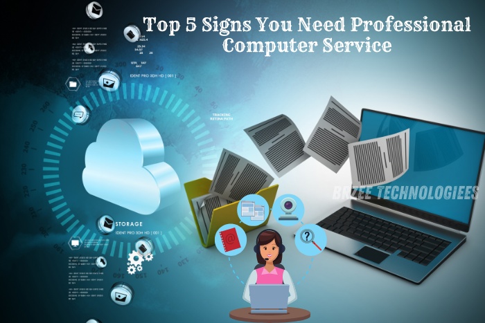 Top 5 Signs You Need Professional Computer Service - Graphic depicting various computer issues like cloud storage problems, file corruption, and system alerts. BrZee Technologiees in Coimbatore offers expert solutions to ensure your computer runs efficiently and reliably