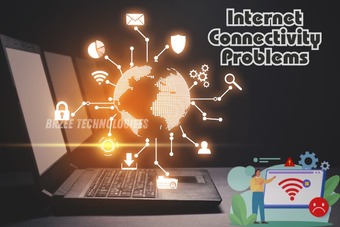 Internet Connectivity Problems - Illustration of a laptop with various network icons and a globe representing internet connectivity issues. BrZee Technologiees offers expert computer repair and network solutions in Coimbatore