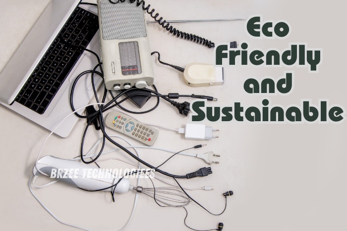 A collection of various electronic devices and chargers showcasing eco-friendly and sustainable tech practices. BrZee Technologiees in Gandhipuram, Coimbatore, offers sustainable solutions for managing electronic waste and promoting green technology