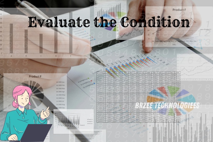 Image depicting a professional evaluating the condition of computer hardware using charts and graphs, with the caption 'Evaluate the Condition.' BrZee Technologiees in Gandhipuram, Coimbatore, specializes in thorough assessments of devices to ensure optimal performance and accurate diagnostics for all your tech needs