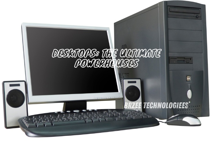 Front view of a complete desktop computer setup including monitor, CPU, keyboard, mouse, and speakers, emphasizing the power and versatility of desktops. BrZee Technologiees in Gandhipuram, Coimbatore, offers a wide range of desktop solutions for both personal and professional use.