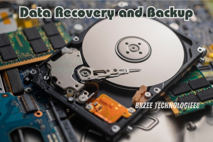 Close-up of an open hard drive showcasing internal components, symbolizing data recovery and backup solutions. BrZee Technologiees in Gandhipuram, Coimbatore, provides expert data recovery and secure backup services to protect your valuable information