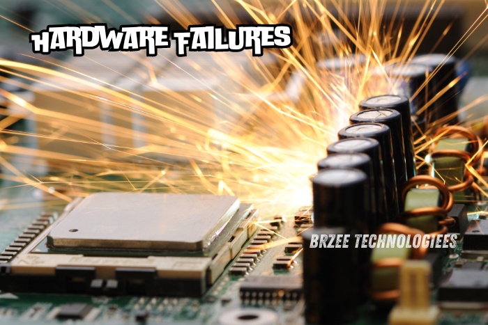 Close-up image of a computer motherboard experiencing a hardware failure with sparks flying, symbolizing critical issues. This highlights the importance of addressing 'Hardware Failures' promptly. Expert computer repair services provided by BrZee Technologiees in Gandhipuram, Coimbatore, ensure optimal performance and safety