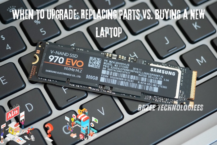 Close-up of a Samsung 970 EVO NVMe SSD placed on a laptop keyboard. Highlighting the importance of deciding 'When to Upgrade: Replacing Parts vs. Buying a New Laptop.' Expert guidance by BrZee Technologiees in Gandhipuram, Coimbatore, for optimal computer performance and cost-effective solutions.