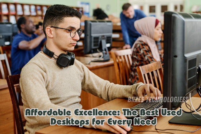 Student focused on work at a refurbished desktop computer in a library, representing the high-quality, affordable used desktops available at BrZee Technologiees in Gandhipuram, Coimbatore.