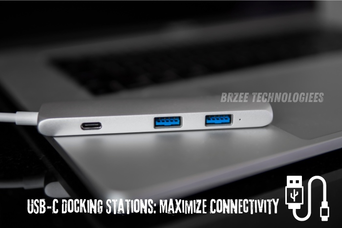 Close-up of a USB-C docking station connected to a laptop, showcasing enhanced connectivity options. Available at BrZee Technologiees in Gandhipuram, Coimbatore, these docking stations help maximize device efficiency with multiple USB ports