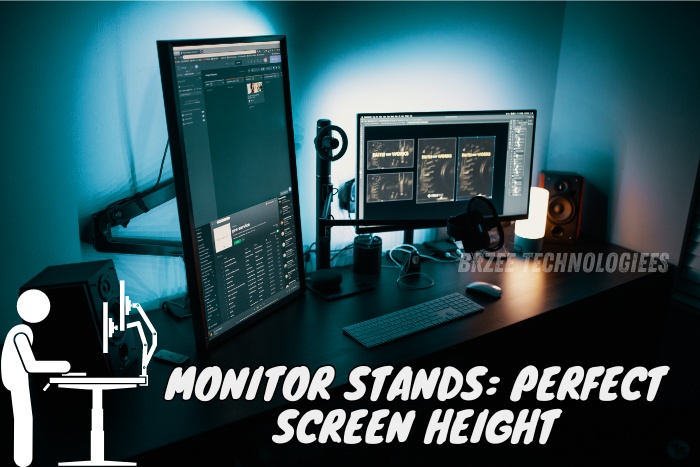 Ergonomically designed monitor stands displaying dual screens at optimal height for improved posture and comfort. Available at BrZee Technologiees in Gandhipuram, Coimbatore, these stands offer perfect screen elevation for enhanced productivity