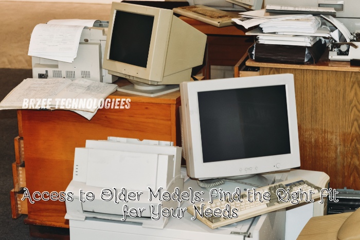 Old computer models and peripherals arranged on wooden desks at BrZee Technologiees in Gandhipuram, Coimbatore, showcasing a wide range of older tech options for customers seeking affordable and functional solutions to meet their specific needs