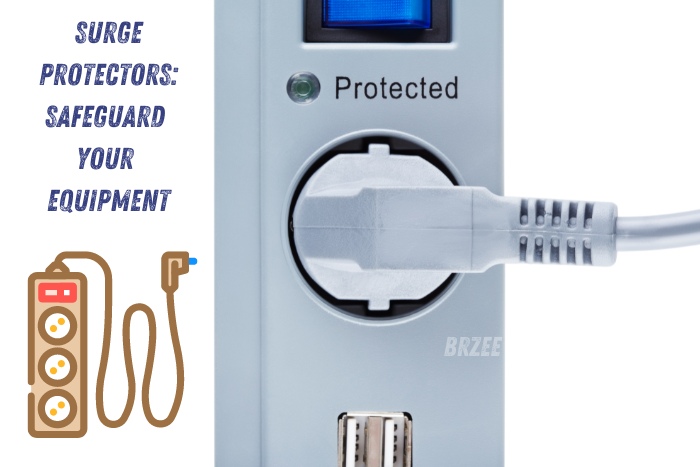 Close-up of a surge protector with a plugged-in device, highlighting equipment protection available at BrZee Technologiees in Gandhipuram, Coimbatore. Safeguard your valuable electronics with high-quality surge protectors for reliable power management