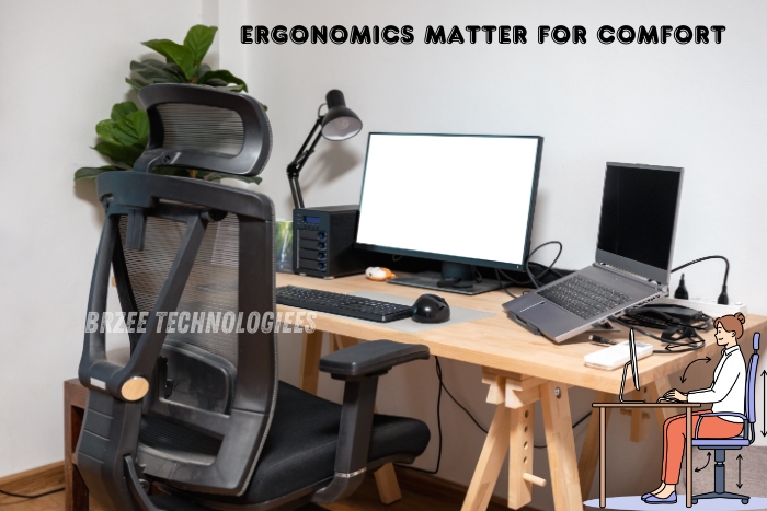 BrZee Technologiees in Gandhipuram, Coimbatore, highlights the importance of ergonomics for comfort in a workspace. The image shows an ergonomic office setup with a comfortable chair, monitor, and laptop, promoting healthy posture and productivity