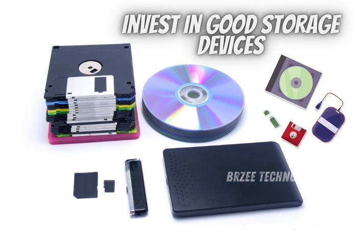 BrZee Technologiees in Gandhipuram, Coimbatore, advises investing in good storage devices. The image displays various data storage options, including floppy disks, CDs, external hard drives, and USB drives, highlighting the importance of reliable storage solutions